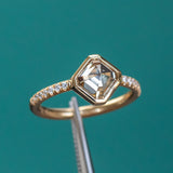 1.71ct Inverted Champagne Diamond Low Profile Bezel Solitaire with French Set Diamonds 18k Yellow