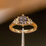 2.63ct Color Shifting Step Cut Hexasgon Sapphire and Champagne Diamond Cluster Ring in 14k Yellow Gold