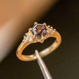 2.63ct Color Shifting Step Cut Hexasgon Sapphire and Champagne Diamond Cluster Ring in 14k Yellow Gold