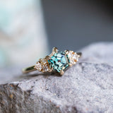 2.63ct Color Shifting Step Cut Hexasgon Sapphire and Champagne Diamond Cluster Ring in 14k Yellow Gold