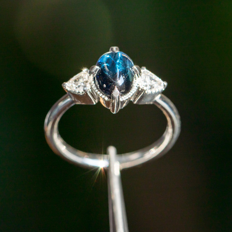 1.80ct Cabochon Sapphire and Diamond Three Stone Antique Milgrain Low Profile Ring in Platinum