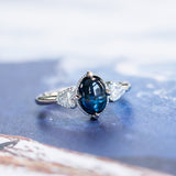 1.80ct Cabochon Sapphire and Diamond Three Stone Antique Milgrain Low Profile Ring in Platinum