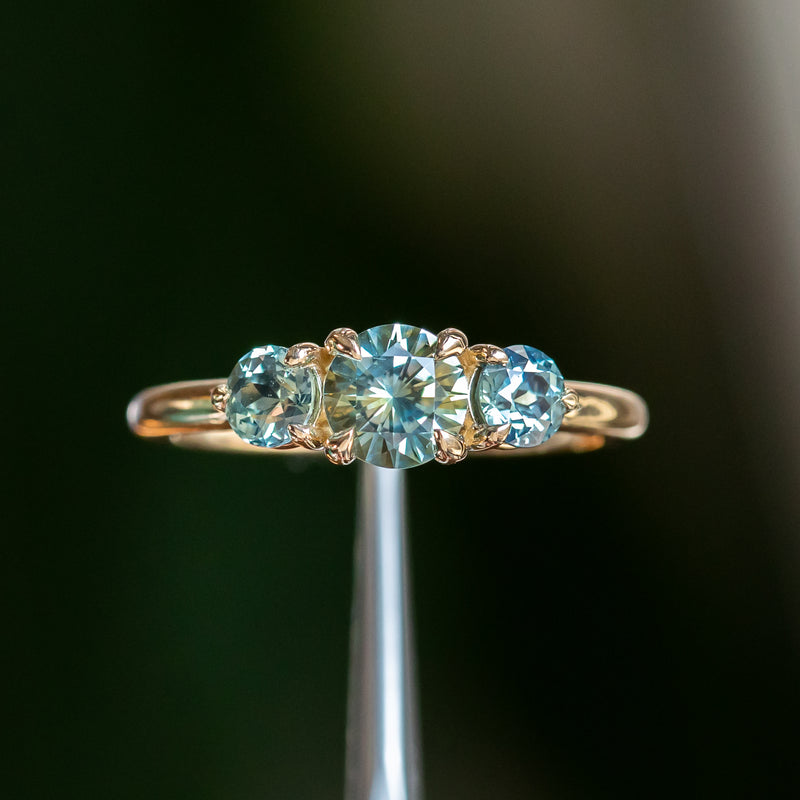 0.75ct Round Montana Sapphire and 0.70ct Round Madagascar Sapphires Three Stone Ring in 14K Yellow Gold