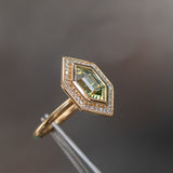 1.87ct Elongated Hexagon Geo Parti Sapphire Bezel Set Diamond Halo in 18k Yellow Gold