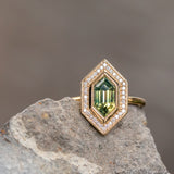 1.87ct Elongated Hexagon Geo Parti Sapphire Bezel Set Diamond Halo in 18k Yellow Gold