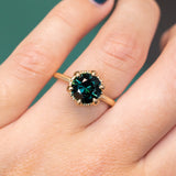 3.03ct Round Deep Teal Sapphire Scallop Cup Solitaire in Satin 18k Yellow Gold