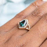 1.71ct Geometric Shield Sapphire Low Profile Diamond Halo Ring Split Shank In 14k Yellow Gold