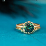 3.03ct Round Deep Teal Sapphire Scallop Cup Solitaire in Satin 18k Yellow Gold