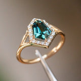 1.71ct Geometric Shield Sapphire Low Profile Diamond Halo Ring Split Shank In 14k Yellow Gold