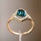 1.71ct Geometric Shield Sapphire Low Profile Diamond Halo Ring Split Shank In 14k Yellow Gold