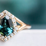 1.71ct Geometric Shield Sapphire Low Profile Diamond Halo Ring Split Shank In 14k Yellow Gold