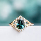 1.71ct Geometric Shield Sapphire Low Profile Diamond Halo Ring Split Shank In 14k Yellow Gold