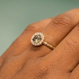 0.94ct Round Color Shifting Champagne Diamond Low Profile Diamond Halo Ring In 14k Yellow Gold