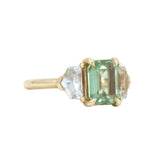 1.90ct Seafoam Emerald Cut Montana Sapphire and White Sapphire Three Stone Ring in 14k Yellow Gold