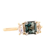 1.32ct Asscher Cut Sapphire and White Sapphire Three Stone Ring in Platinum & 14k Yellow Gold