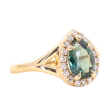 1.58ct Pear Sapphire Low Profile Split Shank Diamond Halo in 14k Yellow Gold