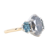 3.30ct Oval Grey Diamond and Montana Sapphire Three Stone Antique Style Low Profile Ring in two-tone 14k White and 14k Yellow Gold