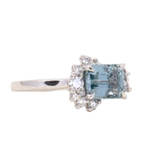 1.80ct Emerald Cut Denim Blue Sapphire and Asymmetrical Diamond Cluster Ring in Platinum