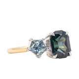 2.72ct Sapphire, 0.52ct Geo Sapphire and Diamond Baguette Three Stone Antique Style Low Profile Ring in two-tone Platinum and 18k Yellow Gold