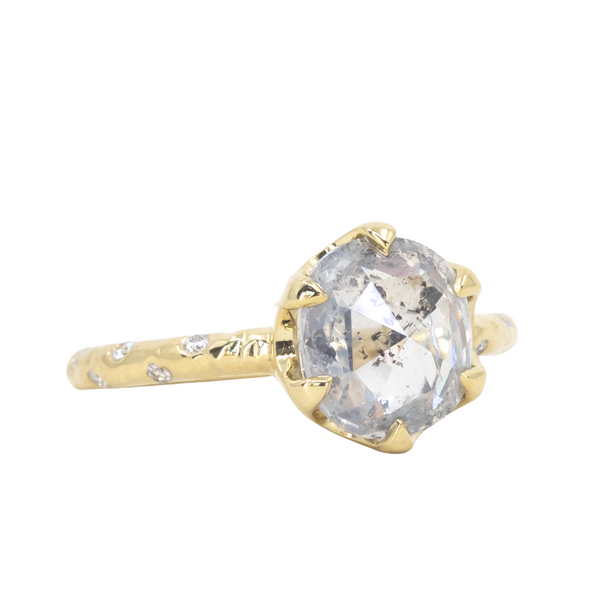 2.63ct Rosecut Salt and Pepper Diamond and Scattered, Embedded Diamond Evergreen Low Profile Antique Style Ring in 18k Yellow Gold