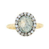 3.53ct Blue Oval Cabochon Montana Sapphire Low Profile Antique Diamond Halo Six Prong Ring in 14k Yellow Gold