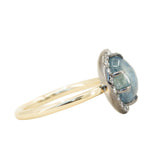 3.53ct Blue Oval Cabochon Montana Sapphire Low Profile Antique Diamond Halo Six Prong Ring in 14k Yellow Gold