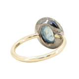 3.53ct Blue Oval Cabochon Montana Sapphire Low Profile Antique Diamond Halo Six Prong Ring in 14k Yellow Gold