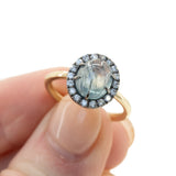 3.53ct Blue Oval Cabochon Montana Sapphire Low Profile Antique Diamond Halo Six Prong Ring in 14k Yellow Gold