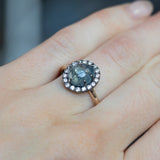 3.53ct Blue Oval Cabochon Montana Sapphire Low Profile Antique Diamond Halo Six Prong Ring in 14k Yellow Gold