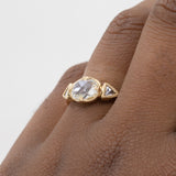 1.01ct Rosecut Three Stone Ring with Trillion Side Diamonds Compass Set Low Profile Milgrain Antique Ring in 18K Yellow Gold