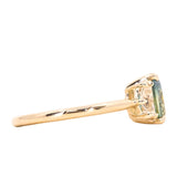 1.47ct Radiant Opalescent Teal Sapphire and White Sapphire Three Stone Ring in 14k Yellow Gold