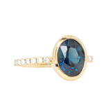 2.53ct Oval Blue Nigerian Sapphire Low Profile Bezel with French Set Diamonds 18k Yellow