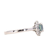 1.80ct Emerald Cut Denim Blue Sapphire and Asymmetrical Diamond Cluster Ring in Platinum