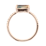 2.56ct Bicolor Sapphire Ombre East West 4-Prong Ring with white and salt & pepper side diamonds in 14k rose gold profile shot