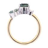 2.72ct Sapphire, 0.52ct Geo Sapphire and Diamond Baguette Three Stone Antique Style Low Profile Ring in two-tone Platinum and 18k Yellow Gold