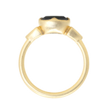 1.69ct Oval Nigerian Sapphire East-West and Trillion Diamond Three Stone Antique Milgrain Low Profile Ring in 18k Yellow Gold