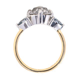 2.01ct Rosecut Salt & Pepper Diamond and Spinel Three Stone Antique Style Low Profile Ring in two-tone 18k Yellow and Platinum