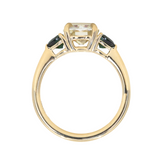 Old European Cut Moissanite and Tsavorite Garnet Three Stone Ring in 14k Yellow Gold