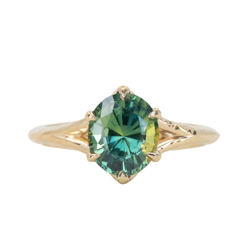 Baccarat フラワーリング 青緑金 2.40ct Oval Teal Green Parti Sapphire Evergreen Carved Split Shank