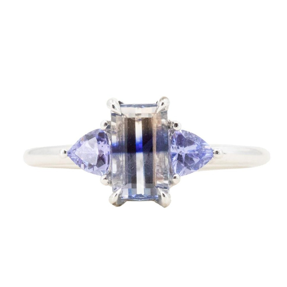 1.11ct Bicolor Emerald Cut Sapphire Three Stone Ring with