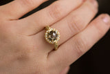 1.60ct Moody Rosecut Diamond Evergreen Six Prong Halo Ring in 18k Yellow Gold on hand