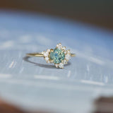 1.00ct Teal Blue Green Montana Sapphire and Asymmetrical Diamond Cluster Ring
