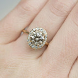 1.58ct Round Champagne Diamond in Oval-esque tapered Diamond Halo, 14k Yellow Gold