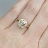 0.59ct White Rosecut diamond in 14k Yellow Gold Low Profile 6 Prong Halo Evergreen Setting on hand