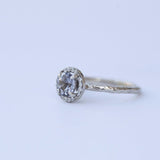 Silver Grey Spinel in White Gold Diamond Halo - Hand Carved Eclectic Band and Antique-inspired setting - Spinel Engagement Ring by Anueva Jewelry
