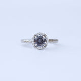Silver Grey Spinel in White Gold Diamond Halo - Hand Carved Eclectic Band and Antique-inspired setting - Spinel Engagement Ring by Anueva Jewelry