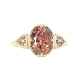 2.85ct Dusty Rose and Champagne Zircon Three Stone Antique Milgrain Low Profile Ring in 14k Yellow Gold