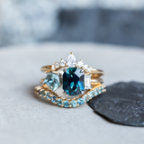 2.72ct Sapphire, 0.52ct Geo Sapphire and Diamond Baguette Three Stone Antique Style Low Profile Ring in two-tone Platinum and 18k Yellow Gold