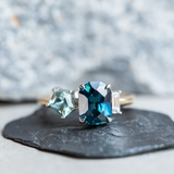 2.72ct Sapphire, 0.52ct Geo Sapphire and Diamond Baguette Three Stone Antique Style Low Profile Ring in two-tone Platinum and 18k Yellow Gold