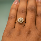0.94ct Round Color Shifting Champagne Diamond Low Profile Diamond Halo Ring In 14k Yellow Gold
